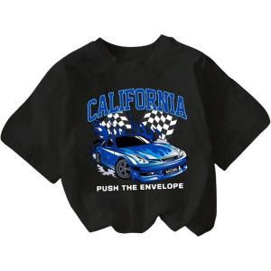 imageGirls Drop Shoulder Letter Star Print Tee Tops Loose Short Sleeve Crew Neck T ShirtsBlack and Blue