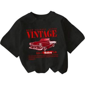 imageGirls Drop Shoulder Letter Star Print Tee Tops Loose Short Sleeve Crew Neck T ShirtsBlack and Red