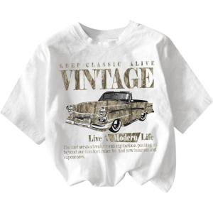 imageGirls Drop Shoulder Letter Star Print Tee Tops Loose Short Sleeve Crew Neck T ShirtsCamo White