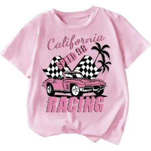 imageGirls Drop Shoulder Letter Star Print Tee Tops Loose Short Sleeve Crew Neck T ShirtsCar Pink