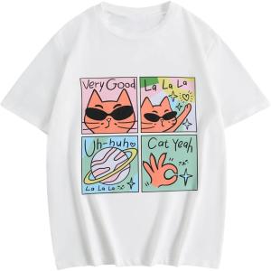 imageGirls Drop Shoulder Letter Star Print Tee Tops Loose Short Sleeve Crew Neck T ShirtsCat White