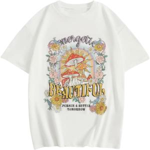 imageGirls Drop Shoulder Letter Star Print Tee Tops Loose Short Sleeve Crew Neck T ShirtsFlower White