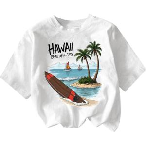 imageGirls Drop Shoulder Letter Star Print Tee Tops Loose Short Sleeve Crew Neck T ShirtsHawaii White