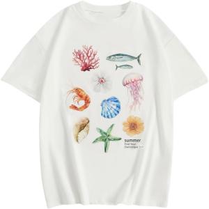 imageGirls Drop Shoulder Letter Star Print Tee Tops Loose Short Sleeve Crew Neck T ShirtsPatterned White