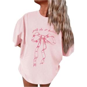 imageGirls Drop Shoulder Letter Star Print Tee Tops Loose Short Sleeve Crew Neck T ShirtsPink
