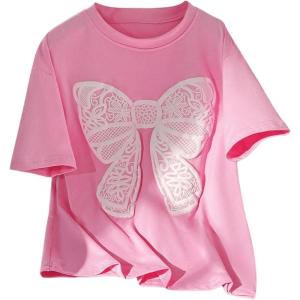 imageGirls Drop Shoulder Letter Star Print Tee Tops Loose Short Sleeve Crew Neck T ShirtsPink Butterfly