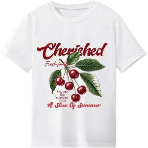 imageGirls Drop Shoulder Letter Star Print Tee Tops Loose Short Sleeve Crew Neck T ShirtsRed Cherry White