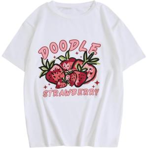 imageGirls Drop Shoulder Letter Star Print Tee Tops Loose Short Sleeve Crew Neck T ShirtsStrawberry White