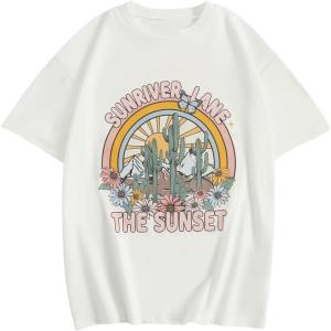 imageGirls Drop Shoulder Letter Star Print Tee Tops Loose Short Sleeve Crew Neck T ShirtsSunset White