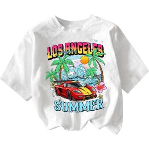 imageGirls Drop Shoulder Letter Star Print Tee Tops Loose Short Sleeve Crew Neck T ShirtsTree White