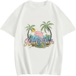 imageGirls Drop Shoulder Letter Star Print Tee Tops Loose Short Sleeve Crew Neck T ShirtsWhite Green