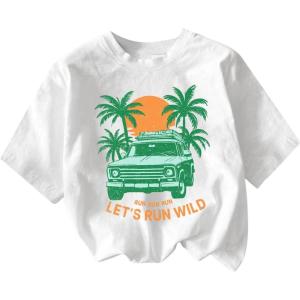 imageGirls Drop Shoulder Letter Star Print Tee Tops Loose Short Sleeve Crew Neck T ShirtsWhite With Green