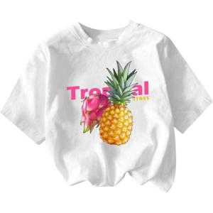 imageGirls Drop Shoulder Letter Star Print Tee Tops Loose Short Sleeve Crew Neck T ShirtsWhite With Patterned