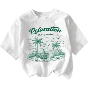 imageGirls Drop Shoulder Letter Star Print Tee Tops Loose Short Sleeve Crew Neck T ShirtsWhite and Green