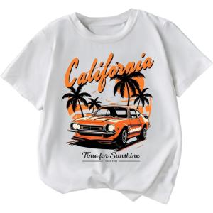 imageGirls Drop Shoulder Letter Star Print Tee Tops Loose Short Sleeve Crew Neck T ShirtsWhite and Orange