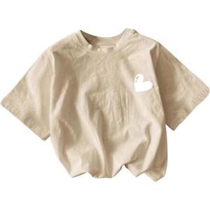 imageGirls Heart Print Drop Shoulder T Shirt Casual Short Sleeve Crew Neck Graphic Tee TopsBeige