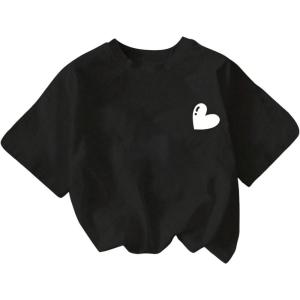 imageGirls Heart Print Drop Shoulder T Shirt Casual Short Sleeve Crew Neck Graphic Tee TopsBlack