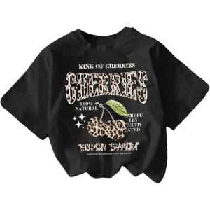 imageGirls Heart Print Drop Shoulder T Shirt Casual Short Sleeve Crew Neck Graphic Tee TopsLeopard Black