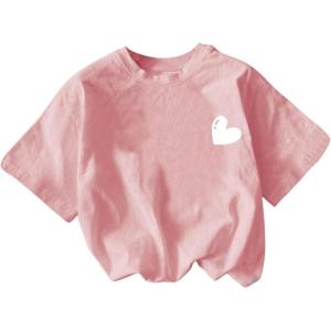 imageGirls Heart Print Drop Shoulder T Shirt Casual Short Sleeve Crew Neck Graphic Tee TopsPink