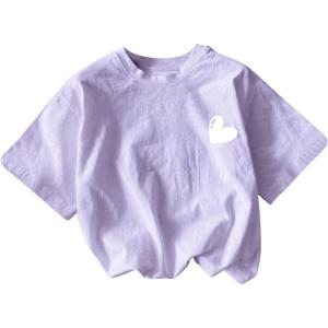 imageGirls Heart Print Drop Shoulder T Shirt Casual Short Sleeve Crew Neck Graphic Tee TopsPurple