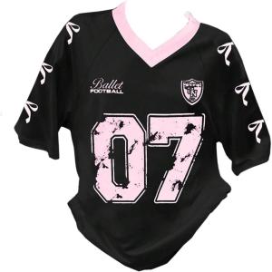 imageGirls Jersey Y2K Oversized Graphic Number Print Tops V Neck Short Sleeve T Shirt Hip Pop Tee StreetwearBlack and Pink