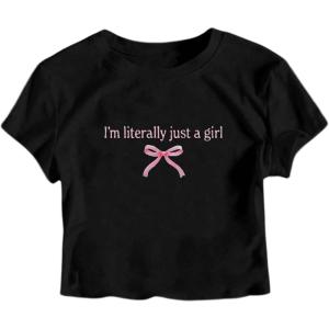 imageGirls Letter Bow Graphic Tees Short Sleeve Crewneck Cute Shirts for Teen Girls TrendyBow Black