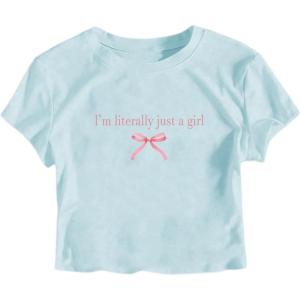 imageGirls Letter Bow Graphic Tees Short Sleeve Crewneck Cute Shirts for Teen Girls TrendyBow Blue