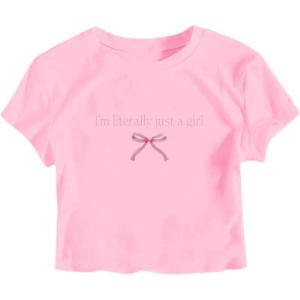 imageGirls Letter Bow Graphic Tees Short Sleeve Crewneck Cute Shirts for Teen Girls TrendyBow Pink