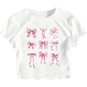 imageGirls Letter Bow Graphic Tees Short Sleeve Crewneck Cute Shirts for Teen Girls TrendyBow White