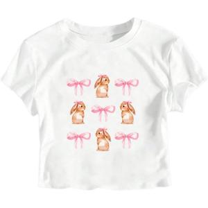 imageGirls Letter Bow Graphic Tees Short Sleeve Crewneck Cute Shirts for Teen Girls TrendyBowknot White