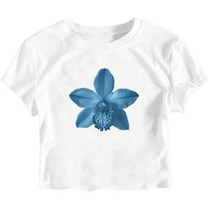 imageGirls Letter Bow Graphic Tees Short Sleeve Crewneck Cute Shirts for Teen Girls TrendyWhite Blue Floral