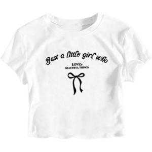 imageGirls Letter Bow Graphic Tees Short Sleeve Crewneck Cute Shirts for Teen Girls TrendyWhite Bow Letter