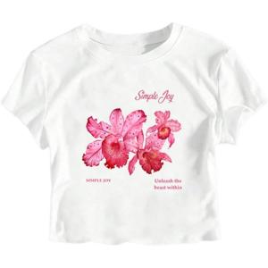 imageGirls Letter Bow Graphic Tees Short Sleeve Crewneck Cute Shirts for Teen Girls TrendyWhite Flower
