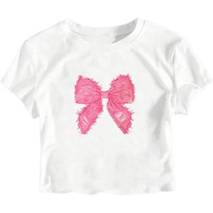 imageGirls Letter Bow Graphic Tees Short Sleeve Crewneck Cute Shirts for Teen Girls TrendyWhite and Red