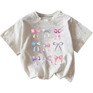 imageGirls Number Print Graphic Tees Short Sleeve Crewneck Jersey Shirts Summer T Shirts Cute TopsBow Print White