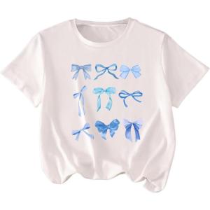 imageGirls Number Print Graphic Tees Short Sleeve Crewneck Jersey Shirts Summer T Shirts Cute TopsBow White