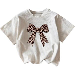 imageGirls Number Print Graphic Tees Short Sleeve Crewneck Jersey Shirts Summer T Shirts Cute TopsLeopard Bow White