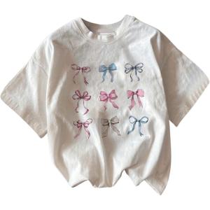 imageGirls Number Print Graphic Tees Short Sleeve Crewneck Jersey Shirts Summer T Shirts Cute TopsWhite Bow