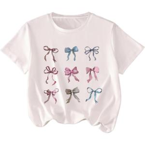 imageGirls Number Print Graphic Tees Short Sleeve Crewneck Jersey Shirts Summer T Shirts Cute TopsWhite With Bow