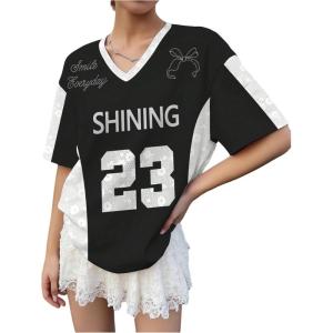 imageGirls Number Print Jersey Shirts V Neck Short Sleeve Mesh Graphic Tees Casual Tops StreetwearBlack White
