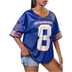 imageGirls Number Print Jersey Shirts V Neck Short Sleeve Mesh Graphic Tees Casual Tops StreetwearBlue