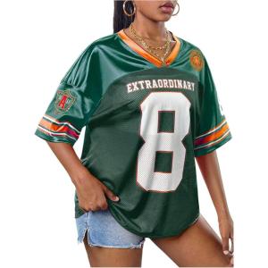 imageGirls Number Print Jersey Shirts V Neck Short Sleeve Mesh Graphic Tees Casual Tops StreetwearGreen