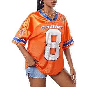 imageGirls Number Print Jersey Shirts V Neck Short Sleeve Mesh Graphic Tees Casual Tops StreetwearOrange
