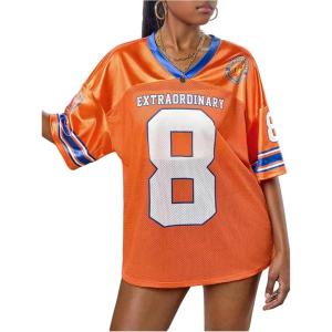 imageGirls Number Print Jersey Shirts V Neck Short Sleeve Mesh Graphic Tees Casual Tops StreetwearOrange White