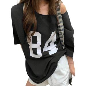 imageGirls Off The Shoulder Tops Number Graphic Jersey Shirts Short Sleeve Oversized T Shirts Y2k TopsBlack
