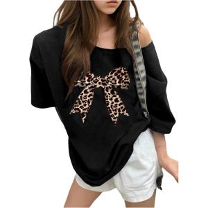 imageGirls Off The Shoulder Tops Number Graphic Jersey Shirts Short Sleeve Oversized T Shirts Y2k TopsBowknot Black