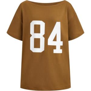 imageGirls Off The Shoulder Tops Number Graphic Jersey Shirts Short Sleeve Oversized T Shirts Y2k TopsCoffee Brown