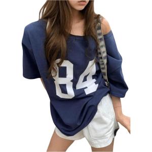 imageGirls Off The Shoulder Tops Number Graphic Jersey Shirts Short Sleeve Oversized T Shirts Y2k TopsDeep Blue