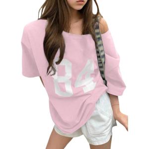 imageGirls Off The Shoulder Tops Number Graphic Jersey Shirts Short Sleeve Oversized T Shirts Y2k TopsPink