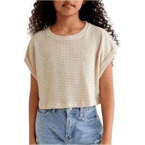 imageGirls Waffle Knit Short Sleeve T Shirt Casual Summer Crew Neck Cropped Tee TopsBeige